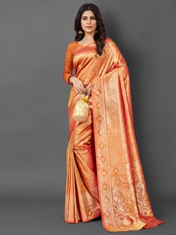 Akhilam - Womens Silk Blend Orange Woven Design Saree with Unstitched Blouse