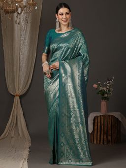 Akhilam - Womens Silk Blend Teal Woven Design Saree with Unstitched Blouse