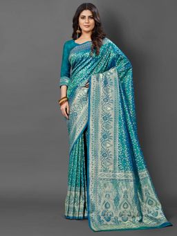 Akhilam - Womens Silk Blend Blue Woven Design Saree with Unstitched Blouse