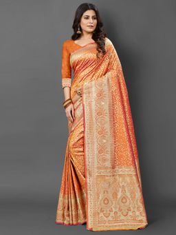Akhilam - Womens Silk Blend Orange Woven Design Saree with Unstitched Blouse