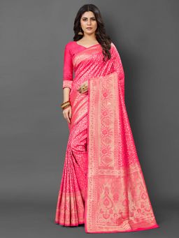 Akhilam - Womens Silk Blend Pink Woven Design Saree with Unstitched Blouse