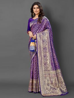 Akhilam - Womens Silk Blend Purple Woven Design Saree with Unstitched Blouse