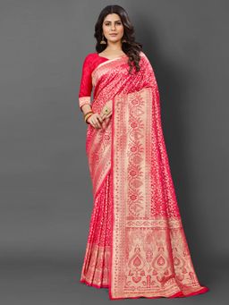 Akhilam - Womens Silk Blend Pink Woven Design Saree with Unstitched Blouse