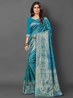Akhilam - Womens Silk Blend Blue Woven Design Saree with Unstitched Blouse