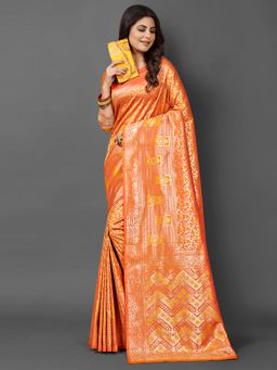 Akhilam - Womens Silk Blend Orange Woven Design Saree with Unstitched Blouse