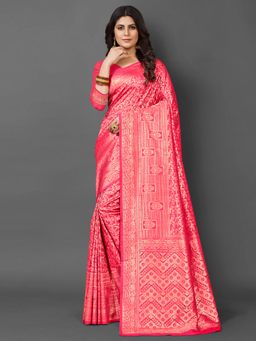 Akhilam - Womens Silk Blend Pink Woven Design Saree with Unstitched Blouse