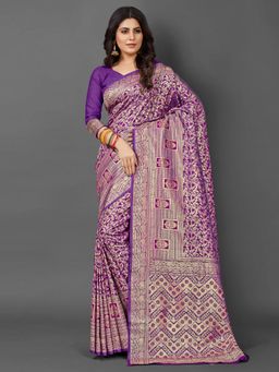 Akhilam - Womens Silk Blend Purple Woven Design Saree with Unstitched Blouse