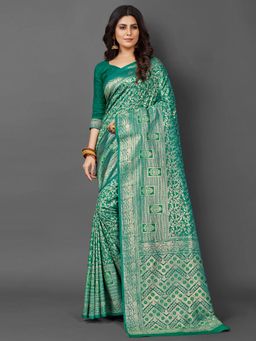 Akhilam - Womens Silk Blend Teal Green Woven Design Saree with Unstitched Blouse
