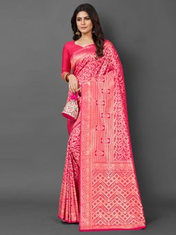 Akhilam - Womens Silk Blend Pink Woven Design Saree with Unstitched Blouse