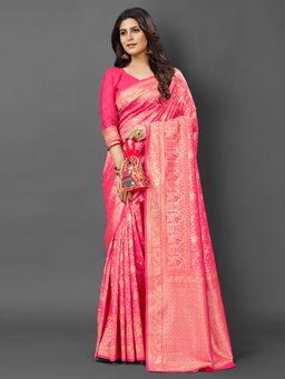 Akhilam - Womens Silk Blend Pink Woven Design Saree with Unstitched Blouse