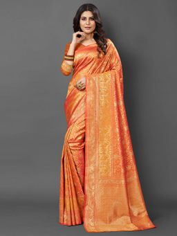 Akhilam - Womens Silk Blend Orange Woven Design Saree with Unstitched Blouse
