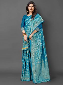 Akhilam - Womens Silk Blend Blue Woven Design Saree with Unstitched Blouse