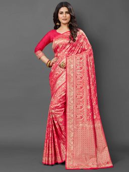 Akhilam - Womens Silk Blend Pink Woven Design Saree with Unstitched Blouse