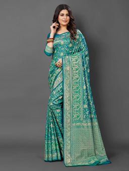 Akhilam - Womens Silk Blend Teal Blue Woven Design Saree with Unstitched Blouse