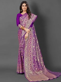Akhilam - Womens Silk Blend Purple Woven Design Saree with Unstitched Blouse