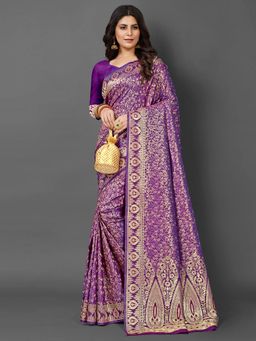 Akhilam - Womens Silk Blend Purple Woven Design Saree with Unstitched Blouse