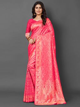 Akhilam - Womens Silk Blend Pink Woven Design Saree with Unstitched Blouse