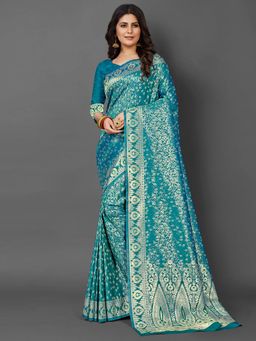Akhilam - Womens Silk Blend Blue Woven Design Saree with Unstitched Blouse