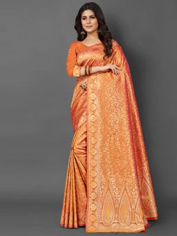 Akhilam - Womens Silk Blend Orange Woven Design Saree with Unstitched Blouse