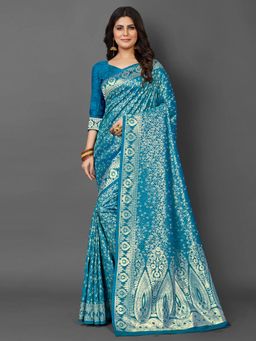 Akhilam - Womens Silk Blend Blue Woven Design Saree with Unstitched Blouse