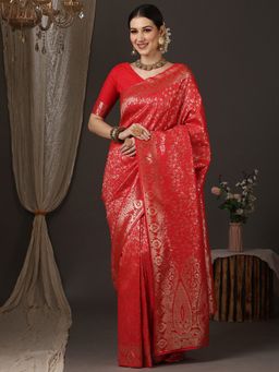 Akhilam - Womens Silk Blend Red Woven Design Saree with Unstitched Blouse