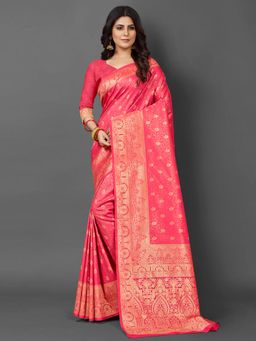Akhilam - Womens Silk Blend Pink Woven Design Saree with Unstitched Blouse