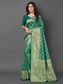 Akhilam - Womens Silk Blend Green Woven Design Saree with Unstitched Blouse
