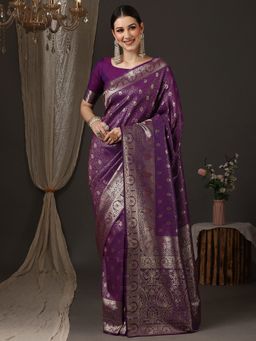 Akhilam - Womens Silk Blend Purple Woven Design Saree with Unstitched Blouse