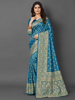 Akhilam - Womens Silk Blend Blue Woven Design Saree with Unstitched Blouse