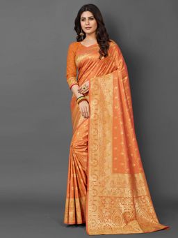 Akhilam - Womens Silk Blend Orange Woven Design Saree with Unstitched Blouse
