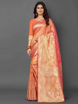 Akhilam - Womens Silk Blend Orange Woven Design Saree with Unstitched Blouse