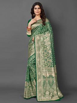 Akhilam - Womens Silk Blend Green Woven Design Saree with Unstitched Blouse