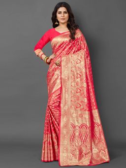 Akhilam - Womens Silk Blend Pink Woven Design Saree with Unstitched Blouse