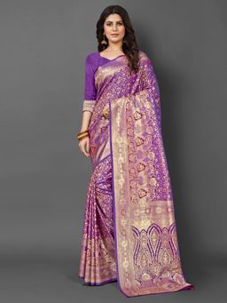 Akhilam - Womens Silk Blend Purple Woven Design Saree with Unstitched Blouse
