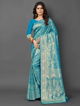 Akhilam - Womens Silk Blend Blue Woven Design Saree with Unstitched Blouse