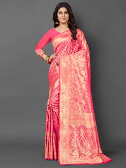 Akhilam - Womens Silk Blend Pink Woven Design Saree with Unstitched Blouse