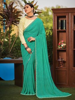 Akhilam - Womens Georgette Sea Green Printed Designer Saree with Unstitched Blouse
