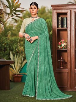 Akhilam - Womens Georgette Sea Green Printed Designer Saree with Unstitched Blouse