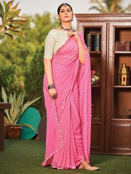 Akhilam - Womens Georgette Pink Printed Designer Saree with Unstitched Blouse