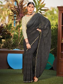 Akhilam - Womens Georgette Black Printed Designer Saree with Unstitched Blouse