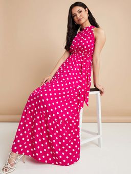 Styli - Pink Sleeveless Halter Neck Polka Dot Tiered Maxi Dress With Tie Belt (Set of 2)