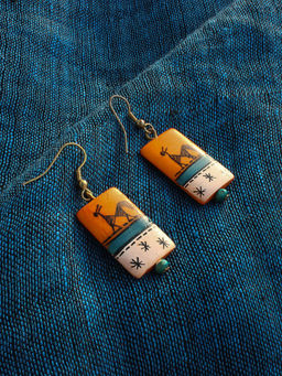ExclusiveLane - Orange Tribal Warli Rectangles Bohemian Resin Hand-Painted In Warli Art Earrings