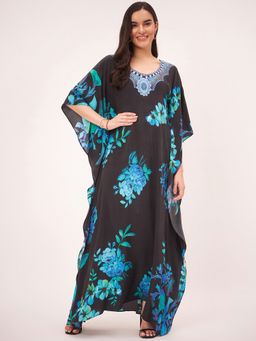 First Resort by Ramola Bachchan - Black And Blue Floral Print Embellished Silk Full Length Kaftan