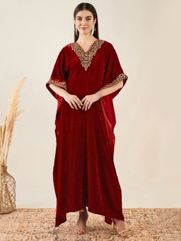 First Resort by Ramola Bachchan - Red Embroidered Full Length Kaftan