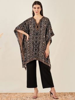 First Resort by Ramola Bachchan - Brown Hand Embroidered Animal Print Silk Kaftan Tunic