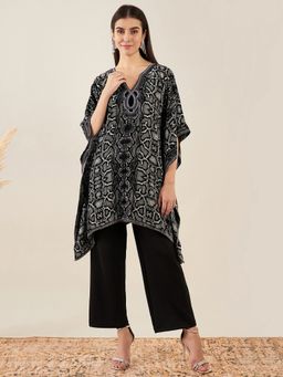 First Resort by Ramola Bachchan - Grey Hand Embroidered Animal Print Silk Kaftan Tunic