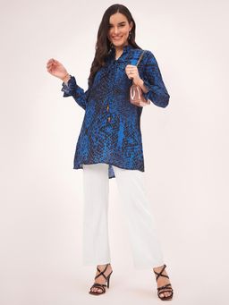 First Resort by Ramola Bachchan - Dark Blue Animal Print Lace-up Top
