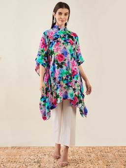 First Resort by Ramola Bachchan - Multi-color Crystal Studded Floral Silk Velvet Tunic