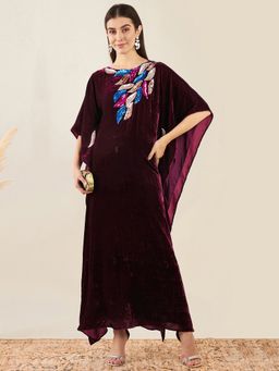 First Resort by Ramola Bachchan - Wine Embroidered Silk Velvet Full Length Kaftan