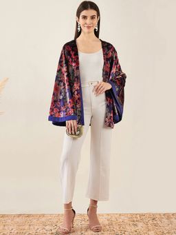 First Resort by Ramola Bachchan - Blue & Rose Gold Floral Velvet Jacket